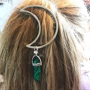 Hippie Boho Malachite Silver Crescent Moon Hair